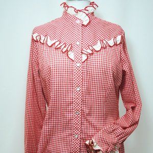 1960s prairie style H Bar C shirt Sz 38 red check, white ruffle, pearl snaps EX
